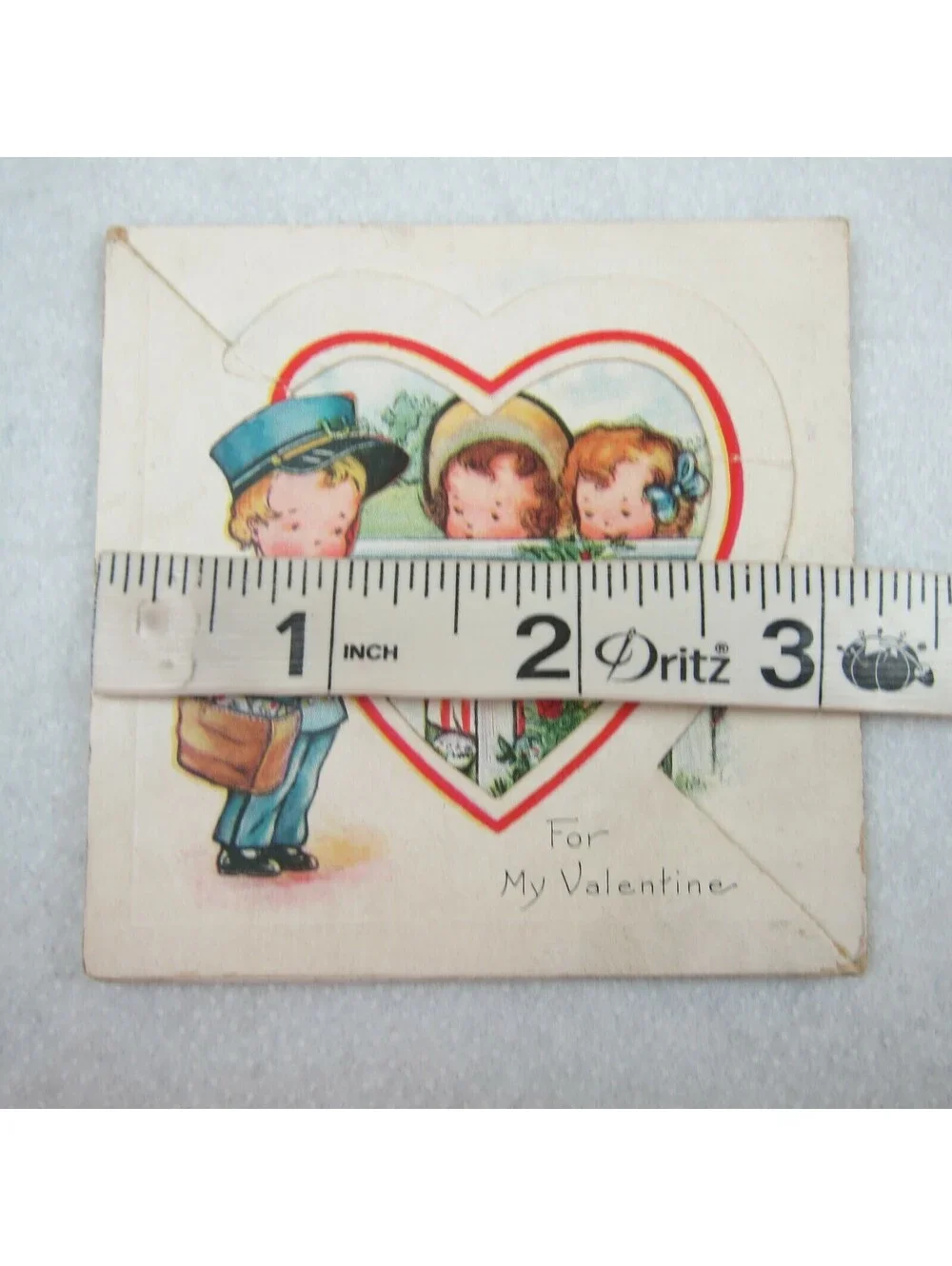 Vintage Valentine Card Foldout Stand Up Postman Boy & Girls at Fence 1920-30s